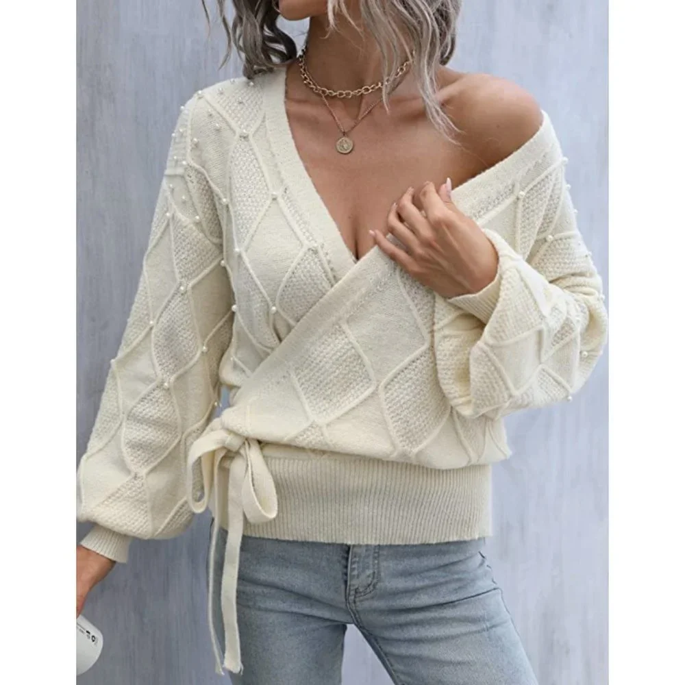 Off White Pearl Embellished Cable Knit Tie Front Wrap VNeck Long Sleeve Sweater - Picture 3 of 7